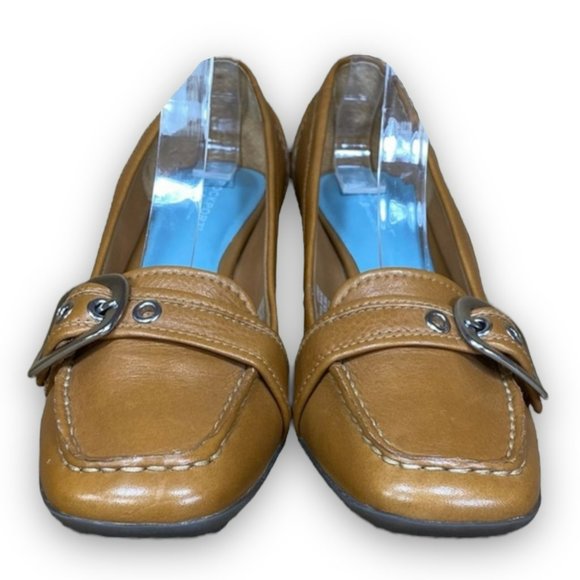 Rockport Square Toe Buckle Heels APW1313B Leather Slip On Tan RARE Women 6M - Picture 2 of 8